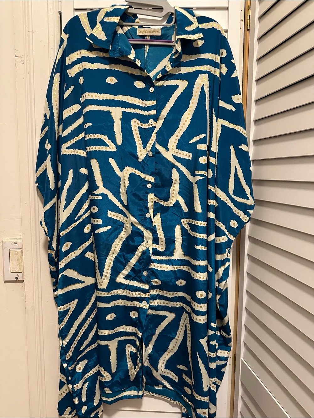 Abstract Teal Button-Down Shirt Dress